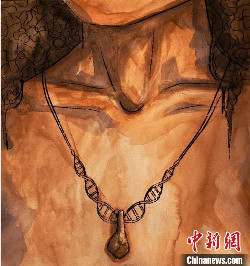 墜飾藝術(shù)再現(xiàn)圖，圖中吊墜繩為DNA螺旋樣式(圖片作者M(jìn)yrthe Lucas)。　施普林格·自然 供圖