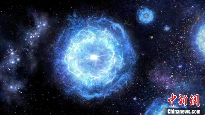第一代超大質(zhì)量恒星演化成為“對不穩(wěn)定超新星”的藝術(shù)展示圖?！≈锌圃簢姨煳呐_ 供圖