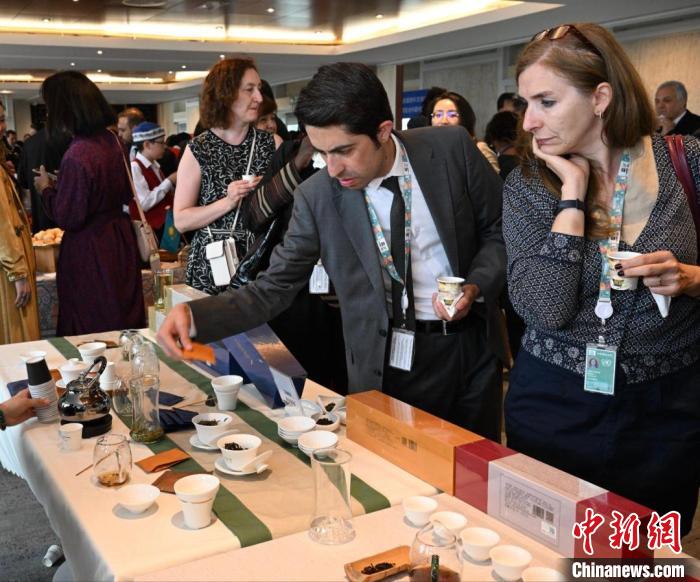 現(xiàn)場觀眾觀看中國展臺(tái)茶藝表演、了解茶文化。　靖樹 攝