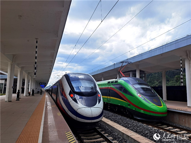 “復(fù)興號”和“瀾滄號”國際旅客列車?？吭诶蠐肽ザ≌?。人民網(wǎng) 杜明明攝