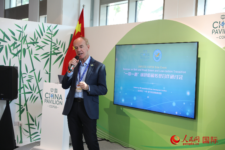 綠色聯(lián)盟聯(lián)合主席、世界自然基金會國際特使蘭博蒂尼在“一帶一路”綠色低碳轉(zhuǎn)型合作研討會上發(fā)言。人民網(wǎng)記者 張志文攝