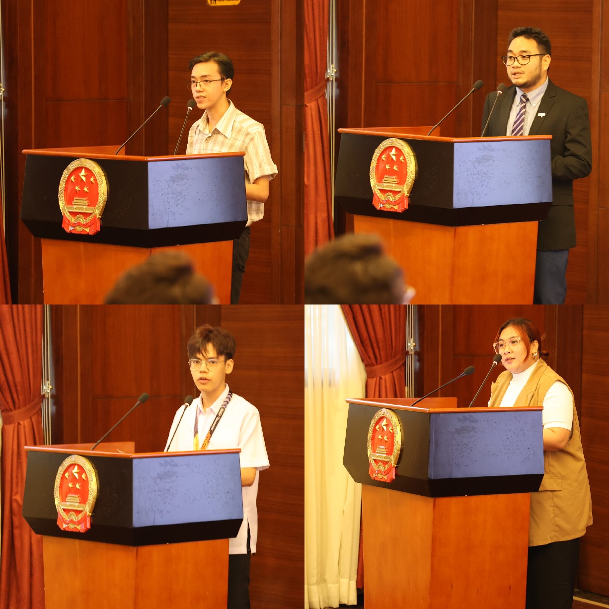 菲律賓大學(xué)、菲律賓師范大學(xué)的4位學(xué)生和校友代表現(xiàn)場(chǎng)發(fā)言向中方表示感謝并分享體會(huì)。駐菲律賓使館 供圖