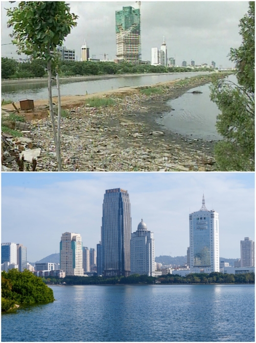 上圖：筼筜湖治理前資料圖。下圖：筼筜湖如今的美麗風光。人民網(wǎng)記者 吳超嵐攝