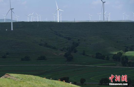6月28日，河北張家口張北草原上大片風(fēng)力發(fā)電的“風(fēng)車”規(guī)模宏大。 中新社記者 楊艷敏 攝