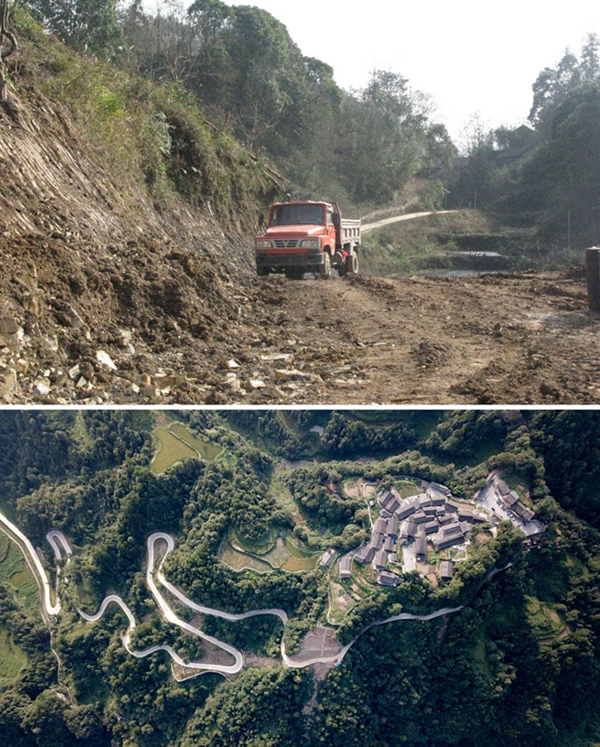 拼版照片：上圖為2011年12月拍攝的湖南省湘西土家族苗族自治州花垣縣十八洞村進(jìn)村道路；下圖為2019年9月拍攝的十八洞村及進(jìn)村道路。