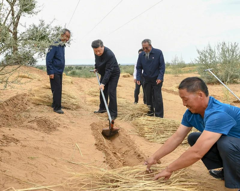 2019年8月21日，習近平來到甘肅省武威市古浪縣八步沙林場，實地察看當?shù)刂紊吃炝?、生態(tài)保護等情況。新華社記者 謝環(huán)馳 攝