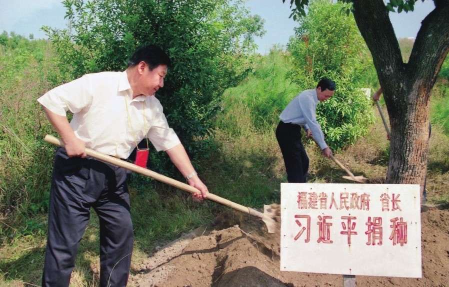 2001年10月，習(xí)近平在龍巖市長汀縣調(diào)研水土流失治理工作，在河田世紀(jì)生態(tài)園為樹培土。圖源：《習(xí)近平在福建（下）》