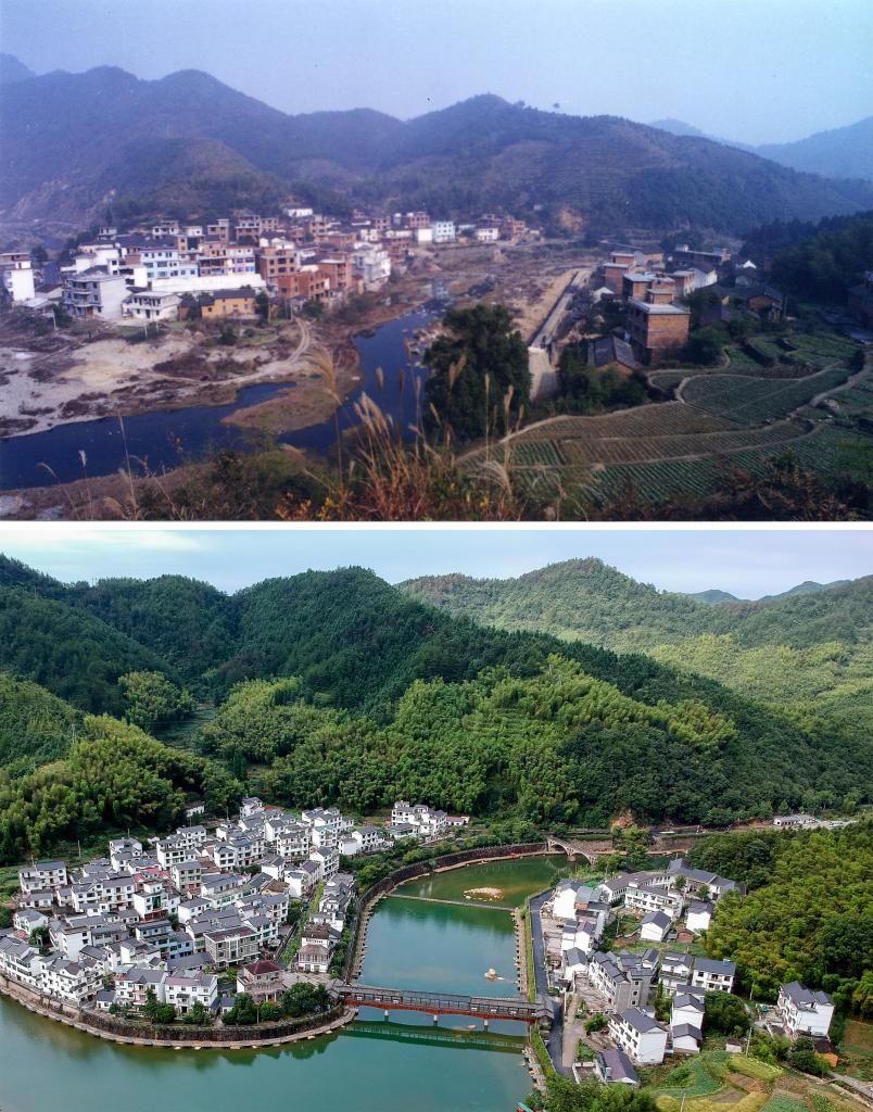 圖為浙江省杭州市淳安縣楓樹嶺鎮(zhèn)下姜村拼版圖，其中上圖為資料照片、下圖由新華社記者張鋮攝。