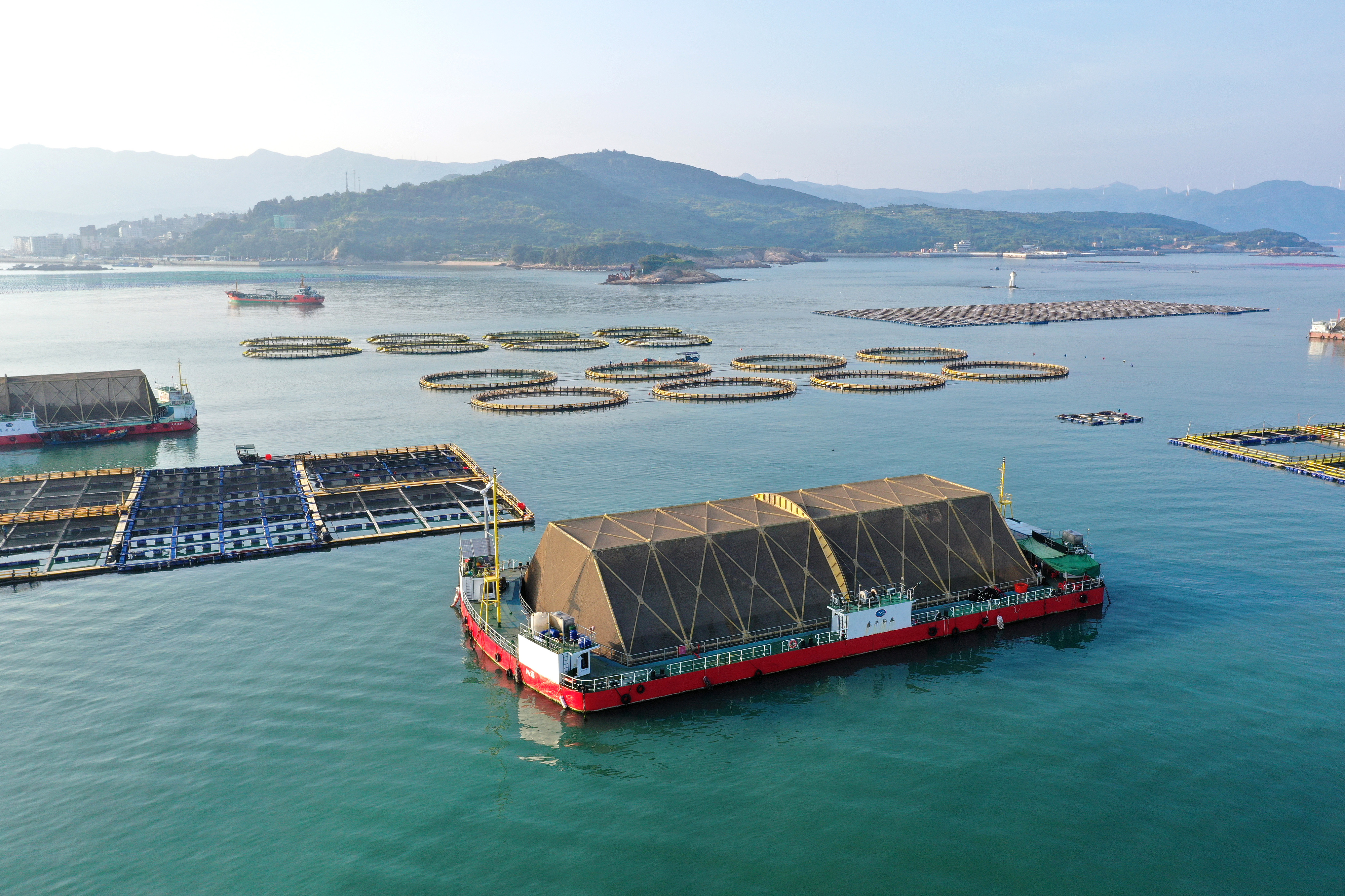 2024年9月10日拍攝的福建省福州市連江縣定海灣海域的現(xiàn)代化“海上糧倉(cāng)”。