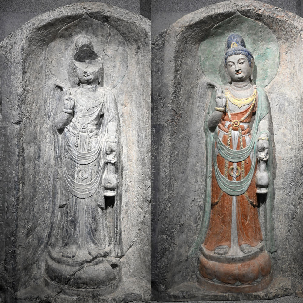 左圖為龍門石窟萬佛洞窟前南壁菩薩造像的3D打印模型；右圖為利用數(shù)字化技術(shù)復(fù)原后的3D打印模型（2025年4月10日攝，拼版照片）。復(fù)原后的像龕精妙絕倫，栩栩如生，被游客譽(yù)為“龍門最美菩薩”。圖片來源新華社