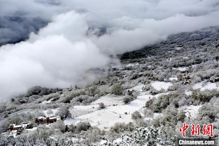 雪后的丹巴半山云霧繚繞?！±钣腊?攝