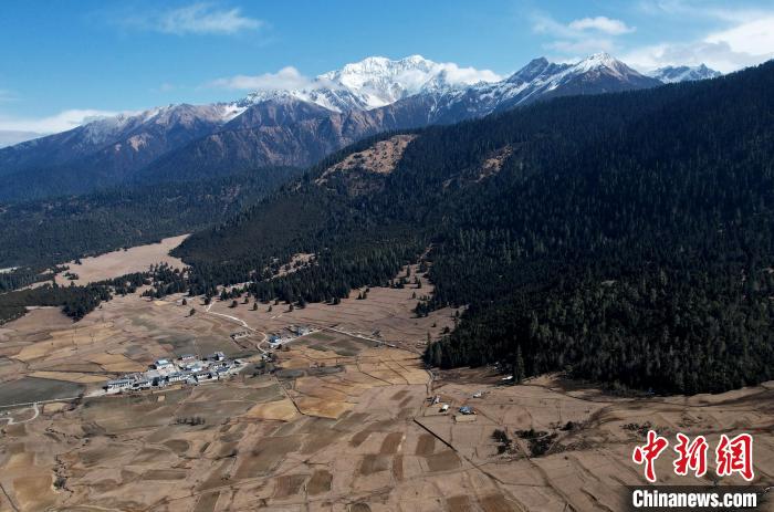 2月17日，西藏林芝魯朗小鎮(zhèn)周邊雪山與牧場。(無人機照片) 李林 攝